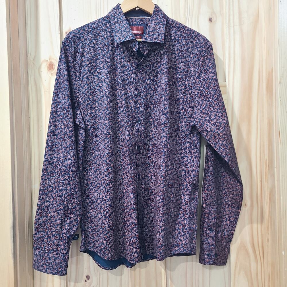 Consequence Slim Fit Long Sleeve Button Up Navy Rust Swimming Paisley Size L